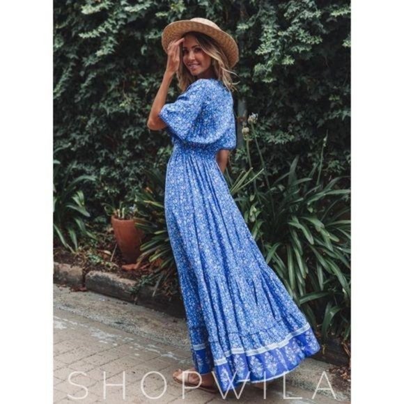 Bohemian Floral Print Maxi Dress Teal Gypsy - Picture 7 of 7